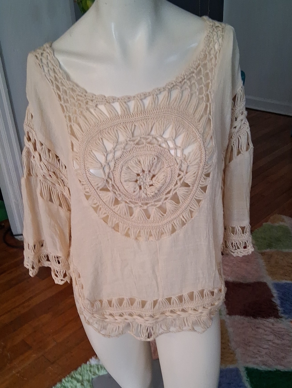 Rebellion Cream Crochet-Front Boho Tunic Top
